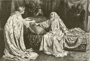 Fröken Ellen Terry som Cordelia, Henry Irving som kung Lear (gravyr) av Bernard Partridge