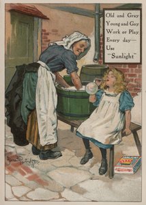 Ung flicka som blåser bubblor medan hennes mormor tvättar: reklam för Sunlight-tvål av Bernard Partridge