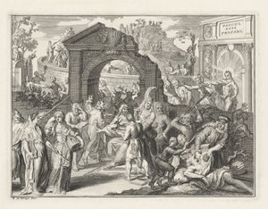 Tecknad film om Schouwburg-kontroversen, ca 1685 av Bernard Picart (attributed to)