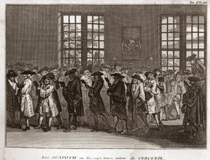 En församling av judiska sörjande som utför ""Acafoth"" vid en begravning Gravyr från "" Illustration av religiösa ceremonier och seder hos alla världens folk" av Bernard Picart (1723-1743) 1819 Privat samling av Bernard Picart