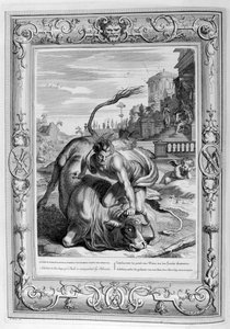 Achelous i form av en tjur besegrades av Hercules, 1733 av Bernard Picart