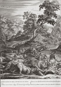 Actaeon förvandlades till en hjort och slukade av sina hundar 1731 av Bernard Picart