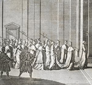 Olika stadier av konklaven, möte för kardinaler för val av en ny påve: kardinalernas inträde i det sixtinska kapellet (Vatikanen: kardinalernas ingång) Gravyr från "Illustration av ceremonier och religiösa seder hos alla folk av Bernard Picart