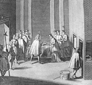 Olika stadier av konklaven, kardinalmöte för val av en ny påve: val av ny påve under konklavet i Sixtinska kapellet, Vatikanen: maten kontrolleras under konklaven) Gravyr från "Illustration av religiösa cer". av Bernard Picart