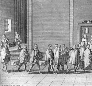 Olika stadier av konklaven, möte med kardinalerna för val av en ny påve: ransonerna görs under konklaven (Vatikanen: ankomst av mat under konklaven) Gravyr från "" Illustration av religiösa ceremonier och seder för alla människor av Bernard Picart