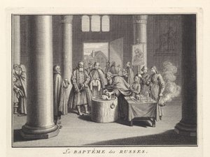 Spädbarnsdop i Ryssland, 1732 av Bernard Picart