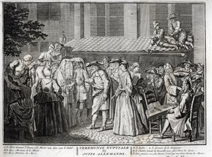 Judiskt bröllop i det judiska tyska samhället Gravyr från "" Illustration de ceremonies et customs religieuses de les peuples du monde" av Bernard Picart (1723-1743) 1819 Privat samling av Bernard Picart
