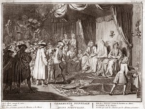 Judiskt bröllop i det judiska portugisiska samhället Gravyr från "" Illustration av ceremonier och religiösa seder hos alla världens folk"" av Bernard Picart (1723-1743) 1819 Privat samling av Bernard Picart