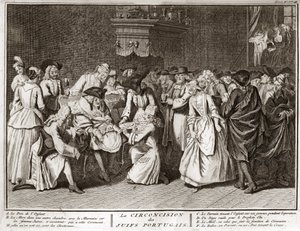 Judendom: omskärelseceremoni i det judiska portugisiska samfundet Gravyr från "" Illustration av ceremonier och religiösa seder hos alla världens folk"" av Bernard Picart (1723-1743) 1819 Privat samling av Bernard Picart