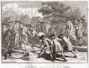 Judendom: assistenterna kastar jord på kroppen under begravningen (judisk begravning) Gravyr från "" Illustration av alla världens folks religiösa ceremonier och seder"" av Bernard Picart (1723-1743) 1819 Privat samling av Bernard Picart