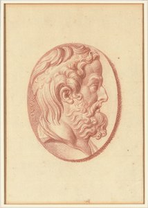 En av fyra studier efter cameos, tre med klassiska profilporträtt och en med en fragmentarisk relief av Amor och två lejon som ritar en vagn (röd krita på papper) av Bernard Picart