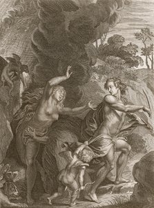 Orfeus, som leder Eurydike ut ur helvetet, ser tillbaka på henne och förlorar henne för alltid, 1731 av Bernard Picart