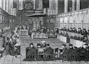 Protestantisk synod hölls 1730 i Nieuwe Kerk (Nya kyrkan) i Amsterdam, Nederländerna, gravyr av Bernard Picart (1673-1733) av Bernard Picart