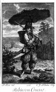 Representation av Robinson Crusoe på hans ööken. Gravyr av Bernard Picart (1673-1733) som illustrerar romanen av Daniel Defoe eller De Foe (1660-1731)