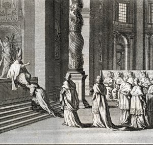 Högtidlig invigning av påven "" Tillbedjan av påven på St. Peters stora altar, Vatikanen"" (påvlig invigning: dyrkan av påven över St Peters stora altare) Gravyr från "" Illustration av religiösa ceremonier och seder av a av Bernard Picart