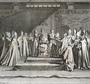 Högtidlig invigning av pontificatet "" Representation du coronation du pope"" (påvlig invigning: påvens kröning) Gravyr från "" Illustration av ceremonier och religiösa seder hos alla världens folk"" av Bernard Picart (1723-1743) av Bernard Picart
