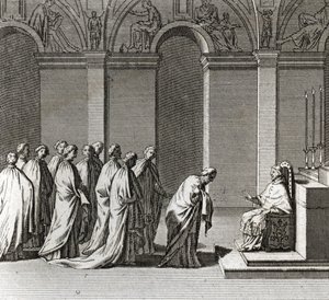Högtidlig invigning av påven: "" Tillbedjan av påven i Sixtinska kapellet"" (Påvlig invigning: Tillbedjan av påven i Sixtinska kapellet) Gravyr från "" Illustration av ceremonier och religiösa seder hos alla världens folk"" av Bernard Picart