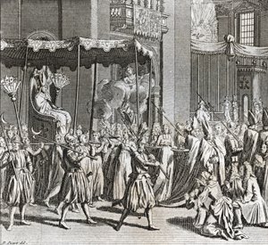 Högtidlig invigning av pontificatet: bränning av ett tyg) Gravyr från "Illustration de ceremonies et customs religieuses de tous les peuples du monde" av Bernard Picart (1723-1743) 1819 Privat samling av Bernard Picart