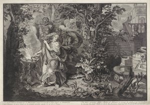Hämndsgudinnorna uppmuntrar Althaea att bränna Meleagers stock History of Meleager (serietitel) av Bernard Picart