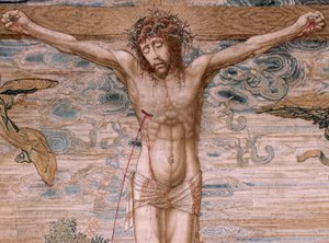 flamländsk gobeläng. Serien Dais of Charles V (Baldachin of Margaret of Austria). Barmhärtighetens Kristus (Cristo de la Misericordia). Gobelängpanel bakom läktaren. Modell Bernard van Orley (1491-1542). Tillverkning Pieter de Pannemaker, Bryssel. 1518-152 av Bernard van Orley