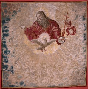 flamländsk gobeläng. Serien Dais of Charles V (Baldachin of Margaret of Austria). Gud Fadern och den Helige Ande (El Padre Eterno y el Espíritu Santo). Gobeläng baldakin av läktaren. Modell Bernard van Orley (1491-1542). Tillverkning Pieter de Pannemaker, av Bernard van Orley