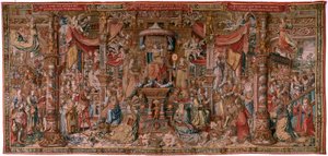 flamländsk gobeläng. Serien The Honours. Tro (La Fe). Första gobelängen i serien. Modelltecknare från Bernard van Orleys och Jan Gossaerts krets (Mabuse). Tillverkning Pieter van Aelst, Bryssel. Ca 1550. Tyg Guld, silver, siden och ull. av Bernard van Orley