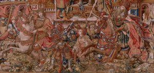 flamländsk gobeläng. Serien The Honours. Fame (La Fama). Tredje tapeten i serien. Modelltecknare från Bernard van Orleys och Jan Gossaerts krets (Mabuse). Tillverkning Pieter van Aelst, Bryssel. Ca 1550. Tyg Guld, silver, siden och ull. av Bernard van Orley