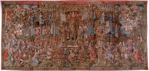 flamländsk gobeläng. Serien The Honours. Fame (La Fama). Tredje gobelängen i serien. Modelltecknare från Bernard van Orleys och Jan Gossaerts krets (Mabuse). Tillverkning Pieter van Aelst, Bryssel. Ca 1550. Tyg Guld, silver, siden och ull. av Bernard van Orley