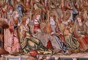 flamländsk gobeläng. Serien The Honours. Honor (El Honor). Andra gobeläng i serien. Modelltecknare från Bernard van Orleys och Jan Gossaerts krets (Mabuse). Tillverkning Pieter van Aelst, Bryssel. Ca 1550. Tyg Guld, silver, siden och ull. av Bernard van Orley
