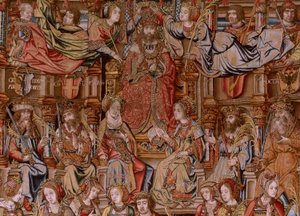 flamländsk gobeläng. Serien The Honours. Honor (El Honor). Andra gobeläng i serien. Modelltecknare från Bernard van Orleys och Jan Gossaerts krets (Mabuse). Tillverkning Pieter van Aelst, Bryssel. Ca 1550. Tyg Guld, silver, siden och ull. av Bernard van Orley