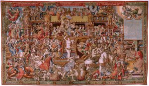flamländsk gobeläng. Serien The Honours. Infamy (La Infamia). Sjätte gobelängen i serien. Modelltecknare från Bernard van Orleys och Jan Gossaerts krets (Mabuse). Tillverkning Pieter van Aelst, Bryssel. Ca 1550. Tyg Guld, silver, siden och ull.