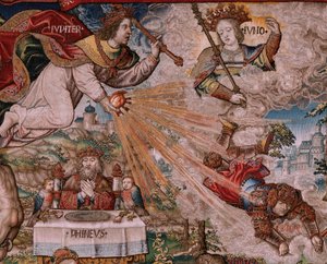 flamländsk gobeläng. Serien The Honours. Rättvisa (La Justicia, Los Honores). Nionde gobeläng i serien. Modelltecknare från Bernard van Orleys och Jan Gossaerts krets (Mabuse). Tillverkning Pieter van Aelst, Bryssel. Ca 1550. Tyg Guld, silver, av Bernard van Orley