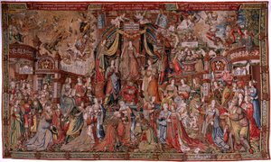 flamländsk gobeläng. Serien The Honours. Rättvisa (La Justicia, Los Honores). Nionde gobeläng i serien. Modelltecknare från Bernard van Orleys och Jan Gossaerts krets (Mabuse). Tillverkning Pieter van Aelst, Bryssel. Ca 1550. Tyg Guld, silver, av Bernard van Orley