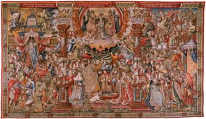 flamländsk gobeläng. Serien The Honours; Adel (La Nobleza). Fjärde gobelängen i serien. Modelltecknare från Bernard van Orleys och Jan Gossaerts krets (Mabuse). Tillverkning Pieter van Aelst, Bryssel. Ca 1550. Tyg Guld, silver, siden och woo