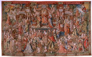 flamländsk gobeläng. Serien The Honours; Prudence (La Prudencia). Sjunde gobeläng i serien. Modelltecknare från Bernard van Orleys och Jan Gossaerts krets (Mabuse). Tillverkning Pieter van Aelst, Bryssel. Ca 1550. Tyg Guld, silver, siden och w av Bernard van Orley