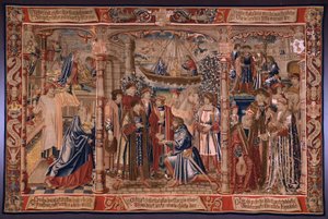 flamländsk gobeläng. Serie The Legend of the Madonna of the Sablon (The Legend of Our Lady of the Sablon). Madonnastatyn kommer till Sablon-kyrkan (Statyn av Vår Fru tas till Sablon-kyrkan, La Estatua de av Bernard van Orley