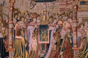 flamländsk gobeläng. Serie The Legend of the Madonna of the Sablon (The Legend of Our Lady of the Sablon). Ankomsten av statyn av Madonnan. Tillverkning i Bryssel. Serietecknaren Barend van Orley av Bernard van Orley