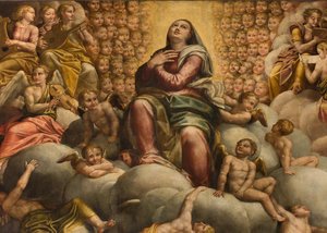 Apsid, altartavla av Bernardino Gatti kallad Il Sojaro kompletterad av Giovanni Battista Trotti kallad IL Malosso, Jungfruns antagande av Bernardino Gatti