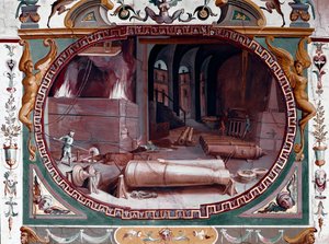 Representation av verkstaden för ett vapengjuteri. Fresk av Bernardino Barbatelli dit Poccetti (1548-1612) Florens, Uffizierna (Uffizi)