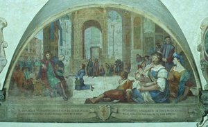 Den unge St. Anthony ber före krucifixet på torget (fresk)