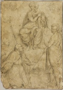 Sittande Jungfru Maria med barnet, biskopshelgon, klosterhelgon och Johannes Döparen av Bernardino Campi