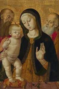 Madonna och barn med två eremithelgon av Bernardino Fungai