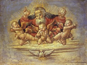 Del av ett altarstycke föreställande Gud Fadern med tre änglar, ca 1500 (tempera på trä)