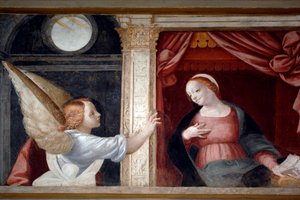 Annunciation, detalj från Cycle of Virgin (1553), fresk av Bernardino Lanino (1512-1583), nedre sakristian i Novara Cathedral, Piemonte, Italien
