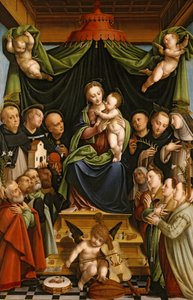 Madonna och barn tronade med heliga och donatorer av Bernardino Lanino