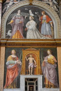 Saint Apollonia och Saint Lucy, högst upp, Ippolita Sforza omgiven av helgon och nunnor, fresk av Bernardino Luini i kyrkan Saint Maurice vid Maggiore-klostret, Milano, Lombardiet, Italien av Bernardino Luini