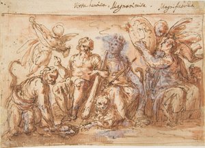 Allegoriska figurer: Kraft, Herkules stryper Hydra, Plenty och Fame, 1600-1650. av Bernardino Rodriguez