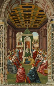 Enea Piccolomini inför påven Eugen IV av Bernardino di Betto (after) Pinturicchio