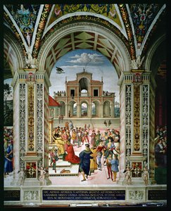 Aeneas Sylvius Piccolomini (1405-64) är krönt poetpristagare av Fredrik III (1415-93) 1442 av Bernardino di Betto Pinturicchio