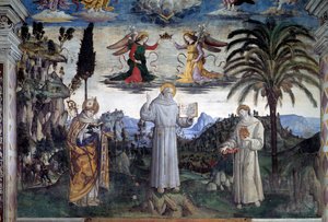 Bernardinos ära av Siena. Detalj av helgonet mellan Sankt Ludvig av Anjou och Sankt Antonius av Padua (Fresco, ca 1486) av Bernardino di Betto Pinturicchio
